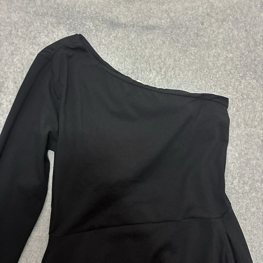 Pact Fit & Flare One Shoulder Midi Dress Large Minimalist Pocket Black Organic - Picture 4 of 7